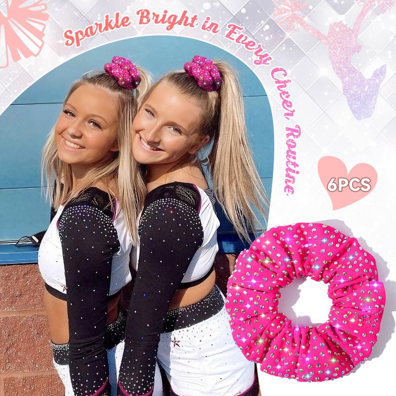 CEELGON 6 PCS Glitter Hot Pink Rhinestone Scrunchies for Cheer Competition Sparkly Cheerleading Scrunchie Hair Accessories Elastic Band for Cheerleaders Girls (Hot Pink) - Image 3